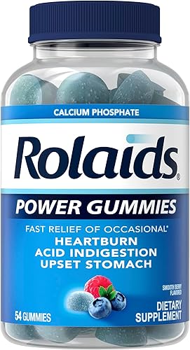 Rolaids Gomitas de potencia, alivio rápido de la acidez estomacal ocasional y la ingestión ácida, suplemento dietético, bayas suaves, 54 gomitas