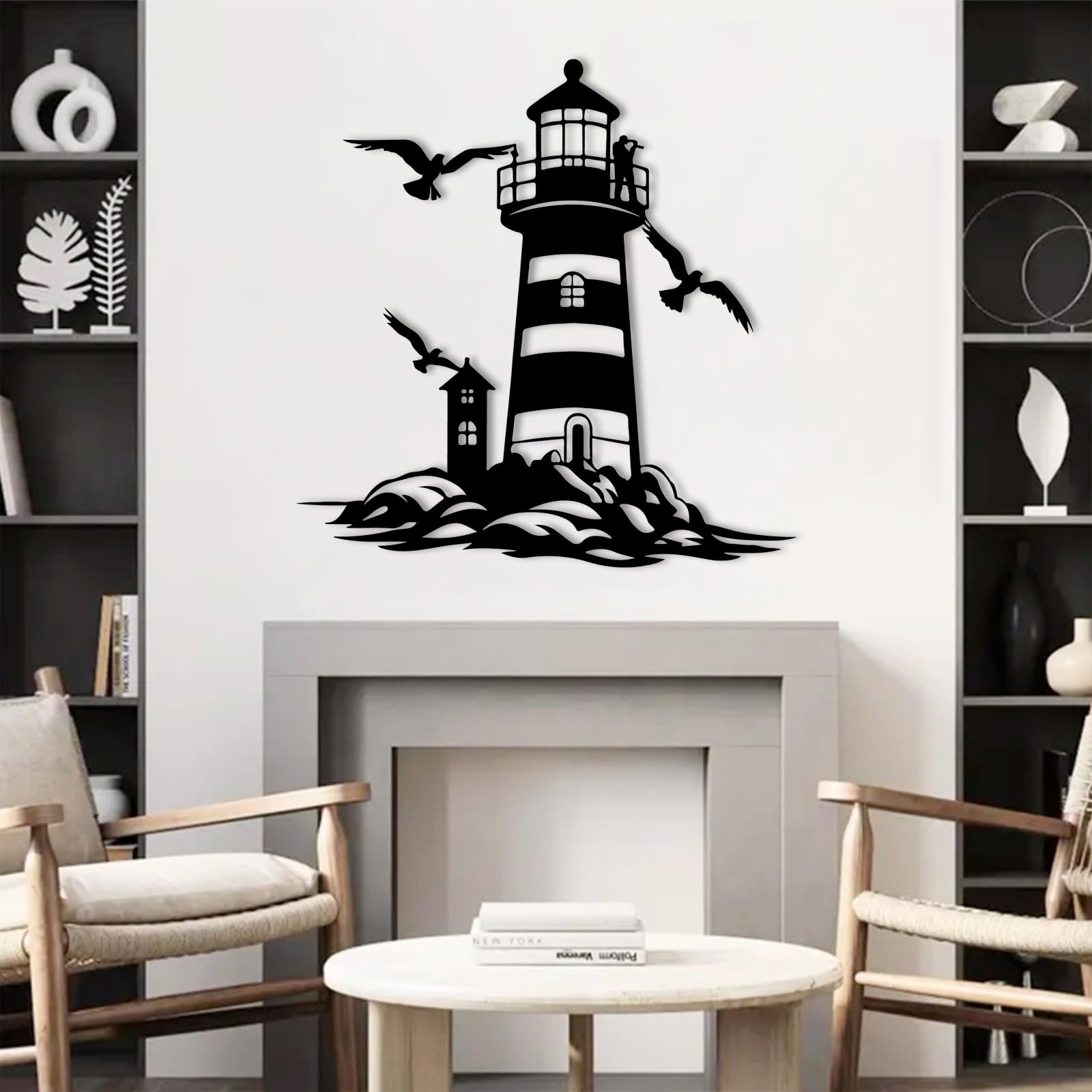 Metall Wanddeko Schwarz abstrakter Leuchtturm, schwarze Wanddeko Möwe Strand modern Moderne Wandbild Metall für Wanddekoration Wohnzimmer, Schlafzimmer, Flur und Treppe, Natur-Wohndekor(Black, 28