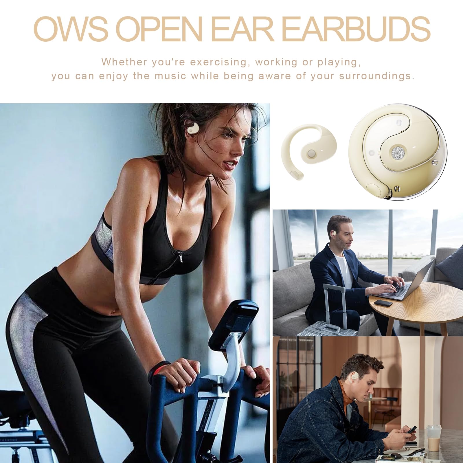 OWS - Cuffie a orecchio aperto, wireless, Bluetooth 5.4, da appendere, con ganci per le orecchie e microfono, impermeabili IPX5, gamma 48H, per sport, corsa, allenamento, guida (kaki)