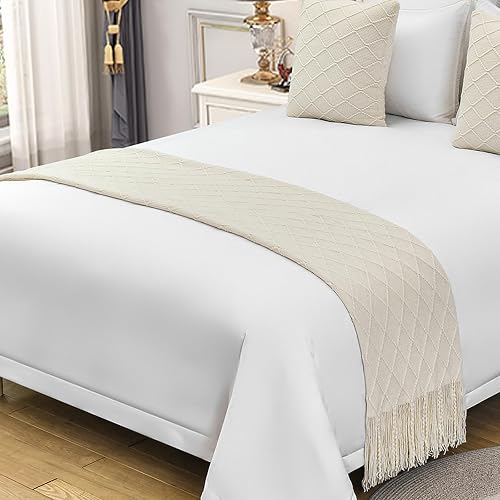 QQXX Cotton Knit Bed Runner,Knitted Throw Blanket with Tassel,Decorative Bedding Scarf Cover,Solid Color Woven Sofa Throw Bed Runner for Hotel Home Double Single King Size Bed(Queen 26x91inch, White)