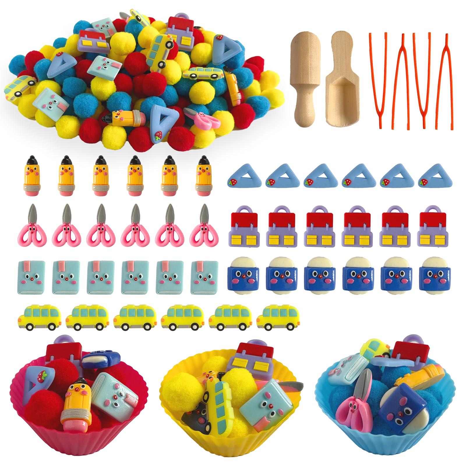 154Pcs Back to School Sensory Bin Filler Fine Motor Toys Stationery Sensory Bin Items Counting Sorting Toy for Preschool Education Activities Include Pom Poms Pen Scissors Notebooks Cup