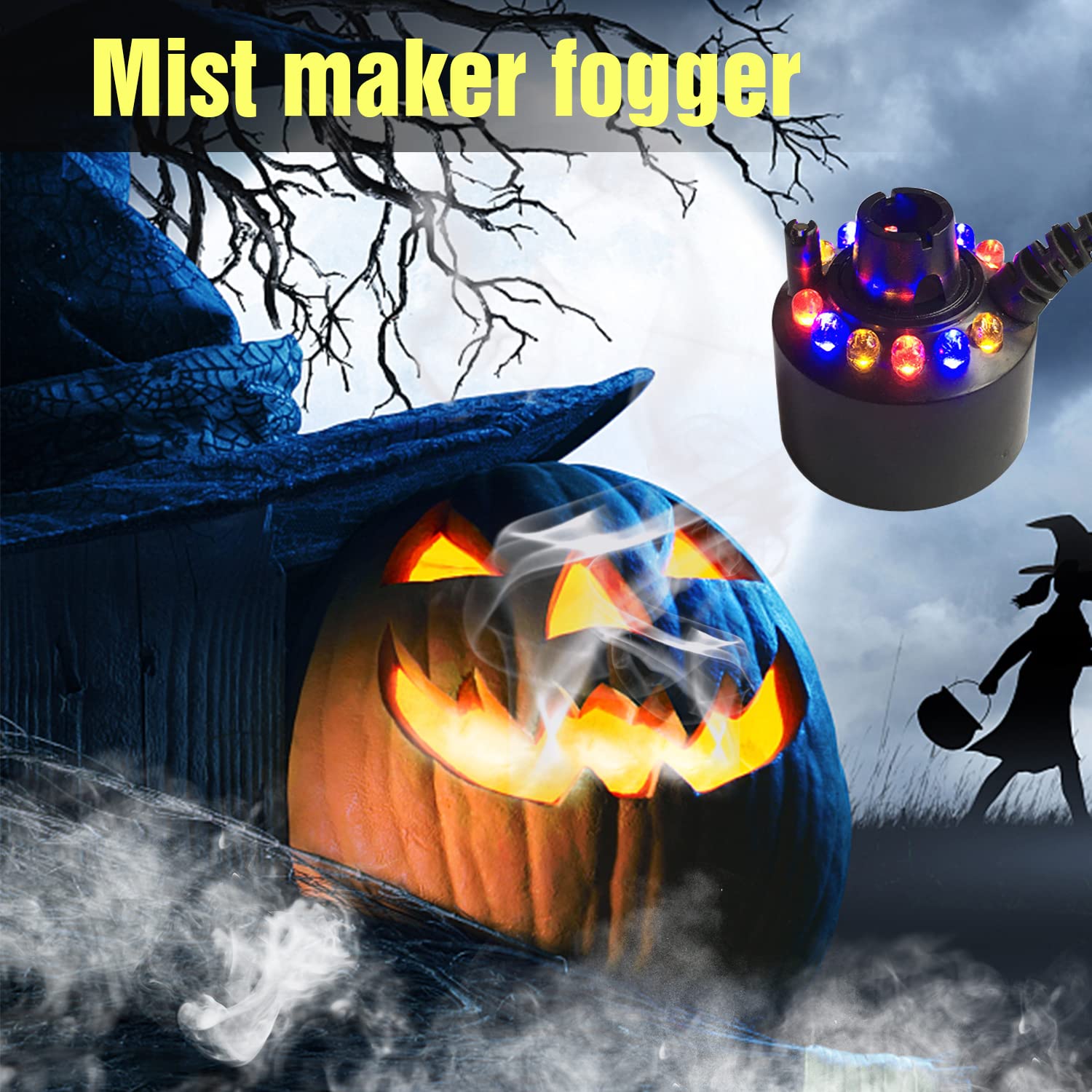 RoserRose Ultradźwiękowy nebulizator, 12 diod LED Three Color Gradient Atomizer Mist Maker Mgiełka wodna Fogger ze zdejmowaną ochroną przed pryskaniem, do fontanny, kociołka czarownicy Halloween