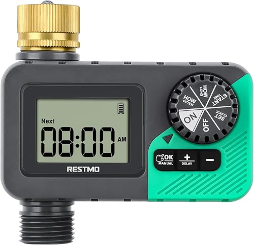 Miniatura 10 de RESTMO Temporizador de aspersor de 4 salidas con entrada de latón, temporizador de agua programable de 4 zonas para manguera de jardín, control