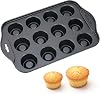 12 Cup Non-Stick Loose Bases Mini Sandwich Tin Baking Tray Carbon Steel Cupcake Mold Non-Stick Coating Muffin Pan Reusable Non-Removable Bottom, Dishwasher Safe, 33x21x4cm