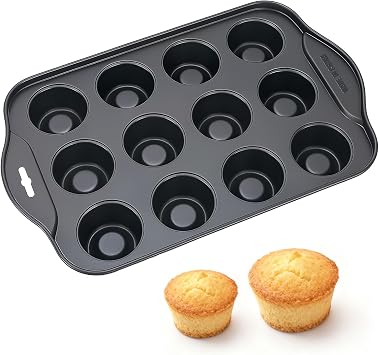12 Cup Non-Stick Loose Bases Mini Sandwich Tin Baking Tray Carbon Steel Cupcake Mold Non-Stick Coating Muffin Pan Reusable Non-Removable Bottom, Dishwasher Safe, 33x21x4cm