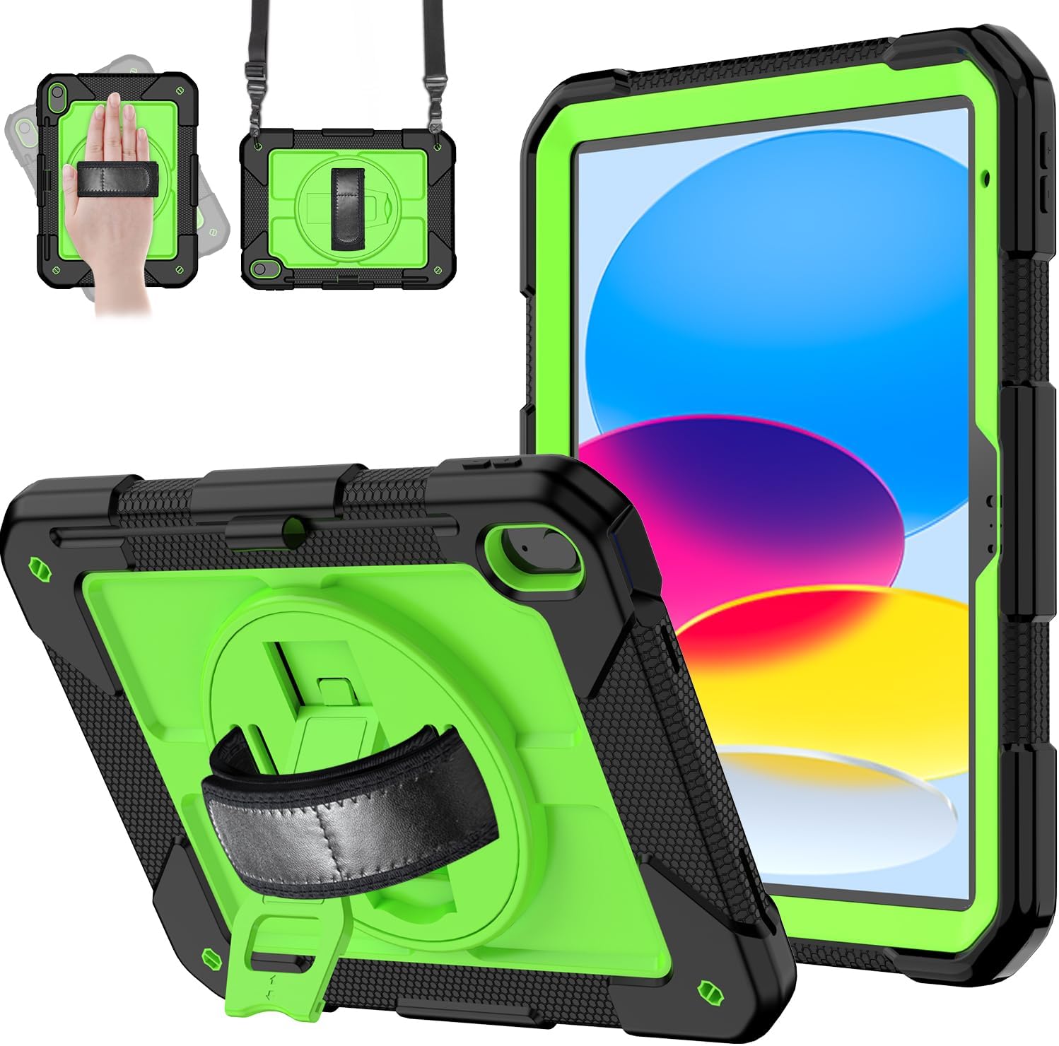 MENZO Case for iPad A16 11th Generation 11 Inch 2025, iPad 10th Gen 2022 10.9 inch, 360° Rotating Stand, Built-in Pencil Holder, Convenient Hand and Shoulder Strap, Durable Shockproof, Black+Green