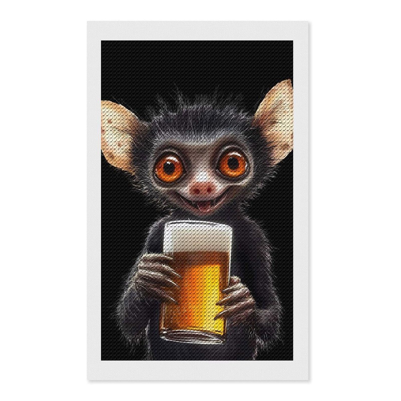 Junmoney Lemur with Beer Full Drill Diamond Painting Kit 12"x20", for Teens, Adhesive Canvas, Bedroom Decor, Holiday Gift Idea