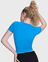 Vista 4 de PUMIEY Camiseta básica de manga corta con cuello redondo para mujer, con doble forro, ajustada, colección Smoke Cloud Pro