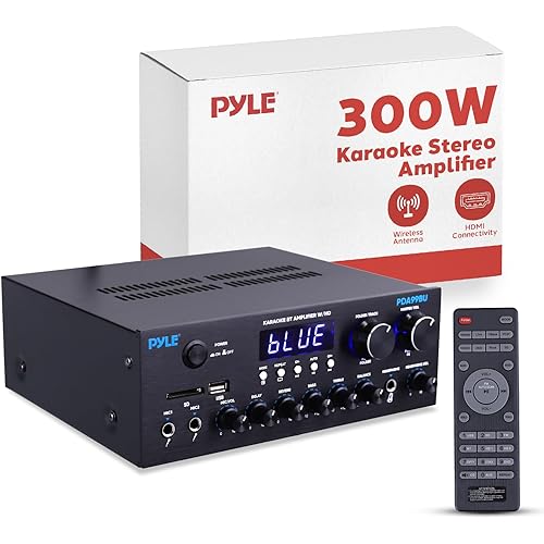 Pyle Wireless Bluetooth Streaming Amplifier, 300W Multi Channel Home Audio Receiver with Hi Def in/Out, Optical/Coaxial, FM Radio, USB/SD, AUX, RCA, Mic in, and BT/FM Antenna