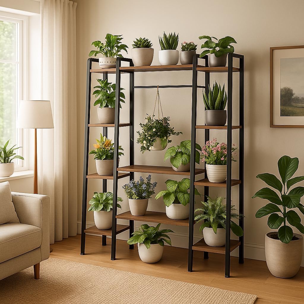 55" Large Plant Stand Indoor with 8 LED Grow Lights (3 Modes & Auto Timer) - 12 Tiered Metal Plant Shelf, 10 Dimmable Brightness Levels, Flower Stand Display Rack Black 47"W X 55"H