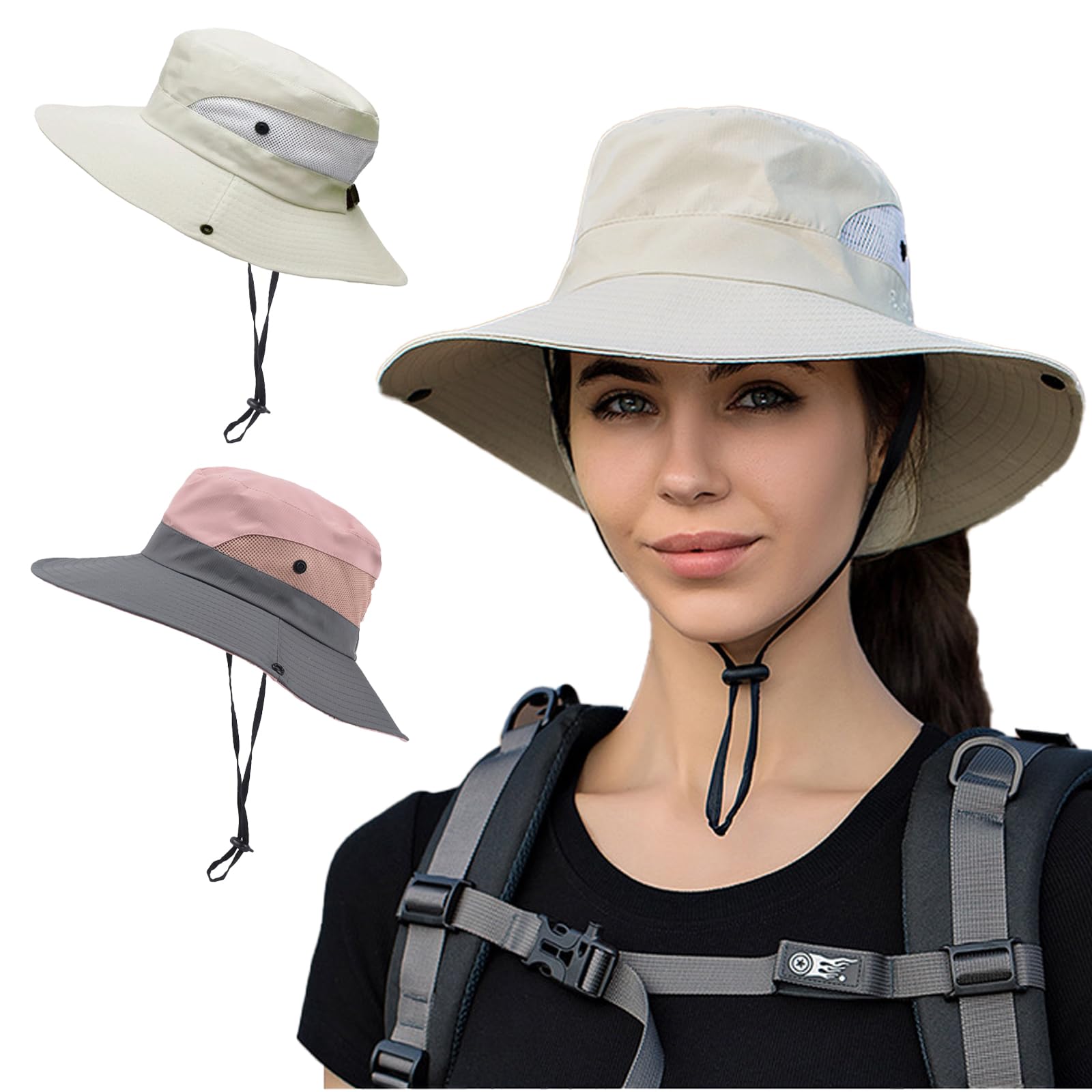 DKDDSSS 2 Piezas Sombrero de Sol para Mujer, Verano Gorro de ala Ancha de Malla Sombreros de Pesca de Cola de Caballo, Sombrero de Pesca Plegable ala Ancha Protección UV Playa Bucket Sombreros