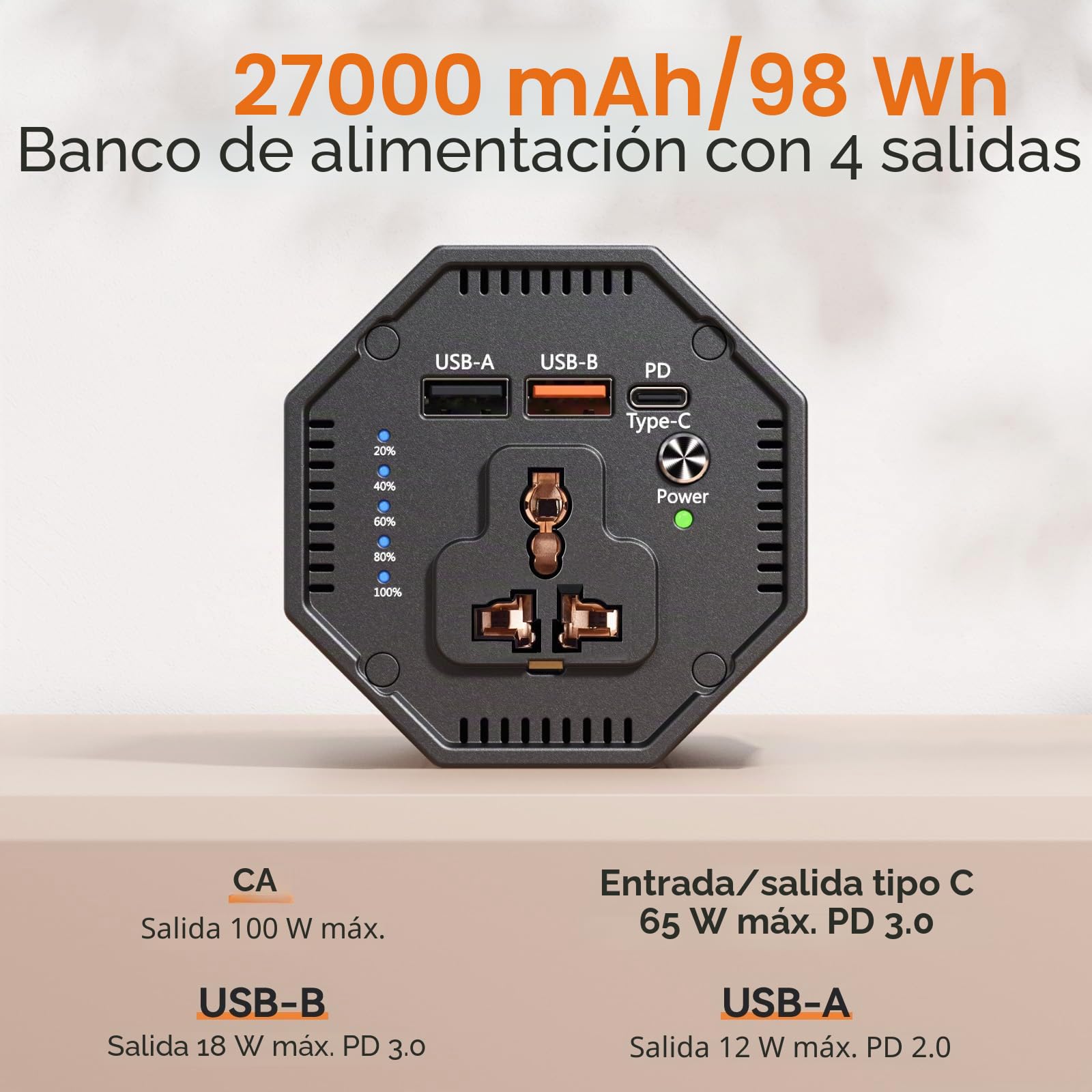 Powerstation 98wh Batería externa con enchufe de 100 W CA, cargador portátil con conector USB, cargador de viaje universal para ordenador portátil, MacBook Pro, portátil, GoPro, tableta, teléfono