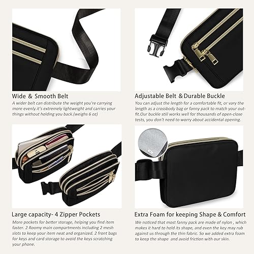 Miniatura 4 de Capolo Riñoneras para mujer con correa ajustable y 4 bolsillos con cremallera, impermeable, para entrenamiento, correr, viajar, Negro -, Riñonera