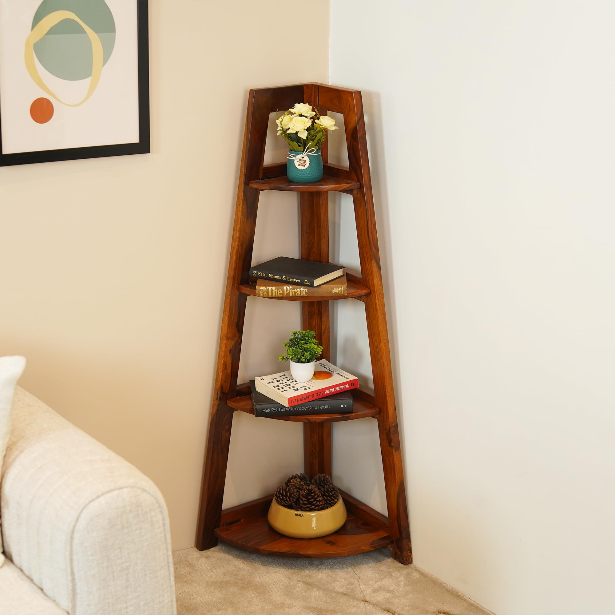 Wooden Street Severino Bookshelf | 4 Tier Sheesham Wood Open Multipurpose Foldable Bookshelf | Compact Home and Office Wooden Rack | Honey Finish Bookcase | 155 L x 155 W x 46 H Inches
