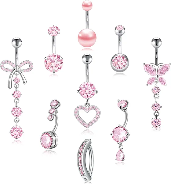 EVELICAL 9Pcs 14G Belly Button ring Dangle Belly Rings Surgical Stainless Steel Cute CZ Heart Butterfly Flower Clicker Belly Piercings for Women Navel Piercings Jewelry