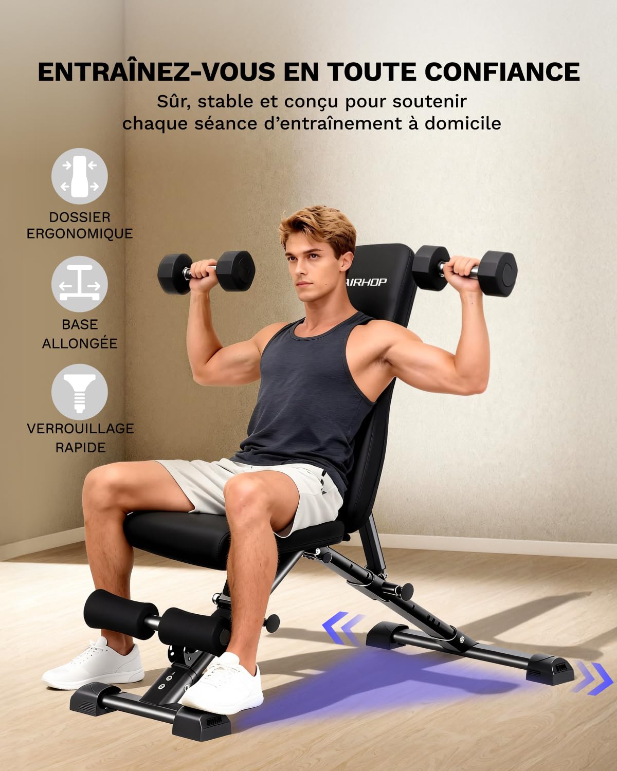 AIRHOP Banc de Musculation Réglable et Amélioré – Banc Multifonction Pour Un Entraînement Complet Du Corps, Pliable Avec Gain De Place, Adapté Aux Home Gym Et Aux Studios De Fitness