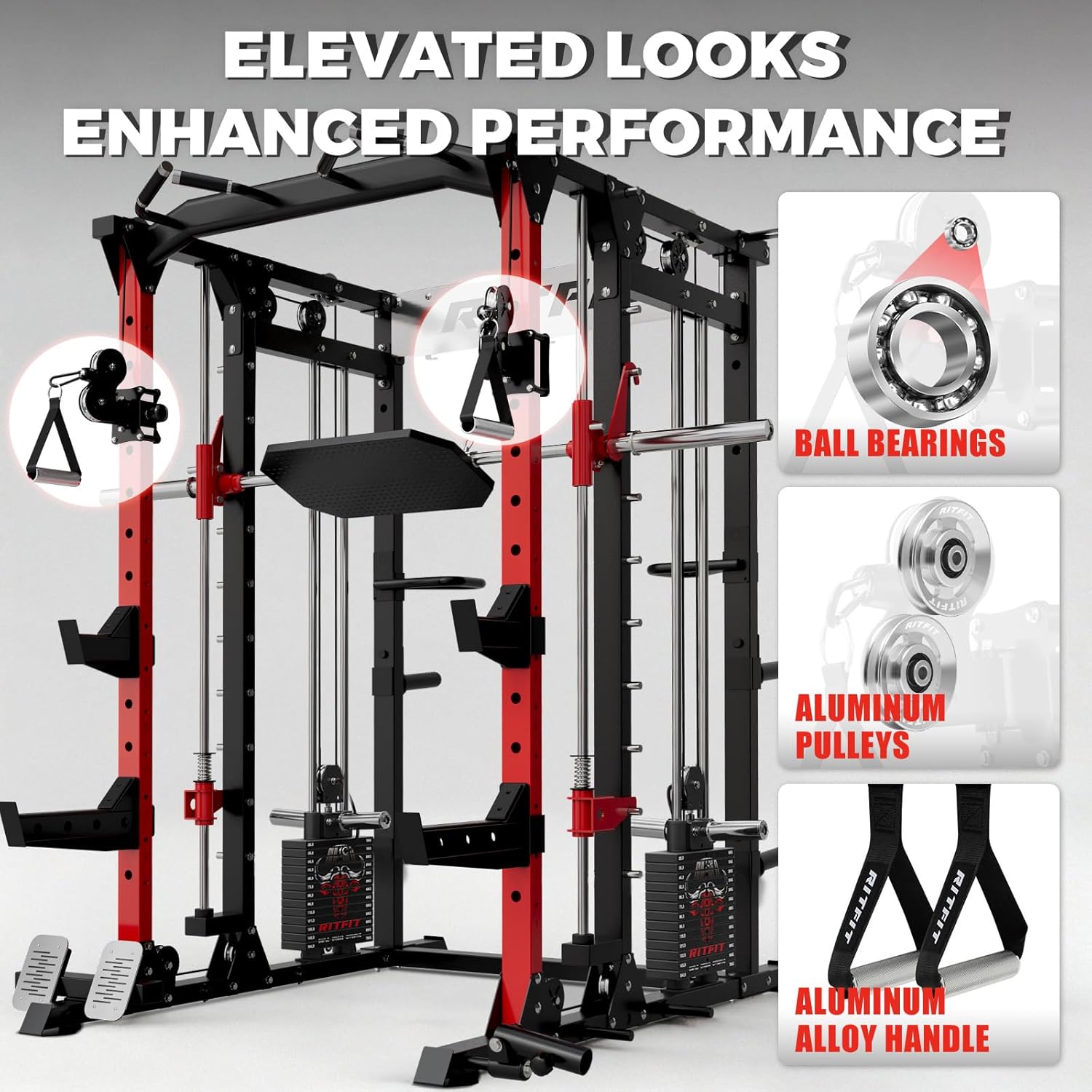 RitFit Buffalo Smith Machine Package, All-in-One Power Cage with Weight Stack , Power Rack with Cable Crossover & Leg Press Attachment for Home Gym