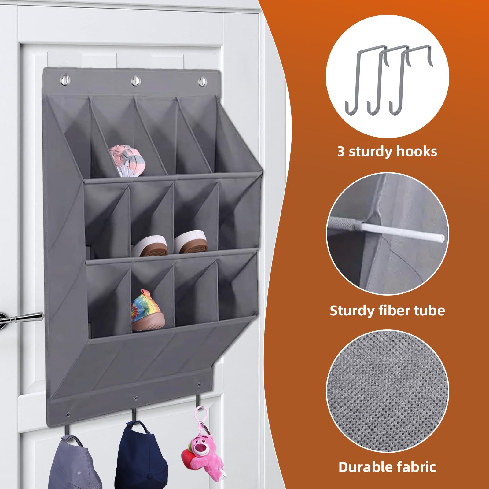 Organizer per scarpe da appendere, con gancio, porta scarpiera con 12 tasche profonde per armadio, organizer da appendere alla porta per campeggio, armadietto, dormitorio e camper, grigio