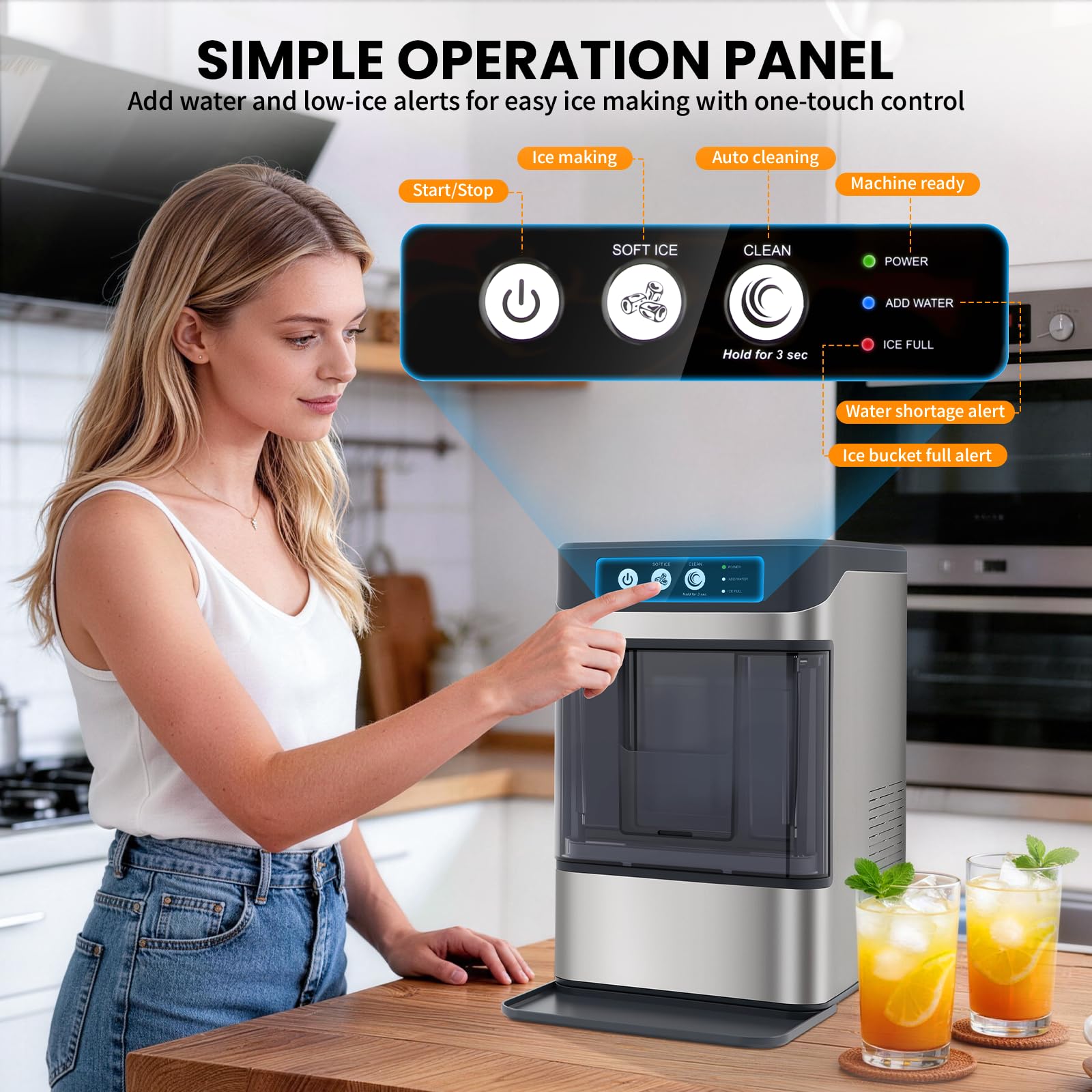 Eiswürfelmaschine 15kg/24h – Nugget-Eis in 6 Min, Crushed Ice, automatische Reinigung, 120W, mit Infrarot-Sensor, energiesparend, Schwarz