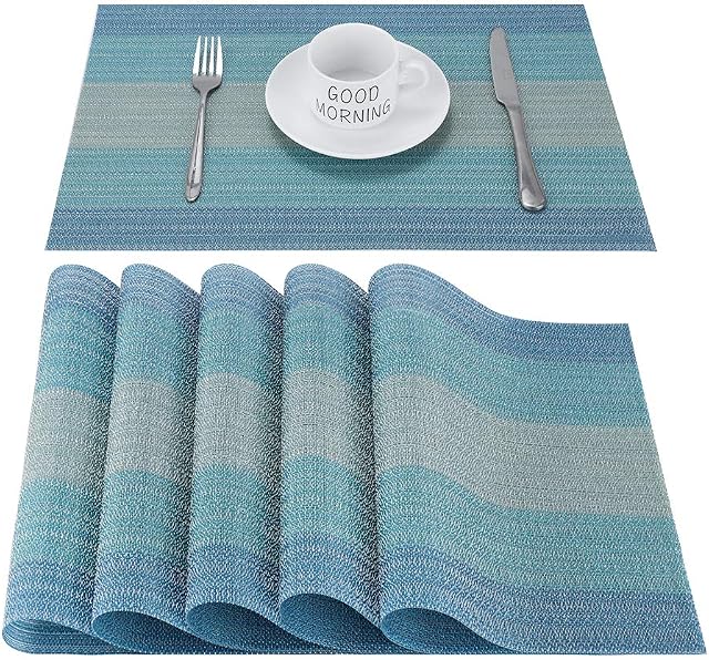 CHAOCHI Blue Table Mats Placemats Set of 6 Washable Dinner Mats Stain Resistant Nonslip Placemats Wipe Clean PVC Woven Vinyl Table Mats for Kitchen Dining Table, Restaurant, 45CM X 30CM