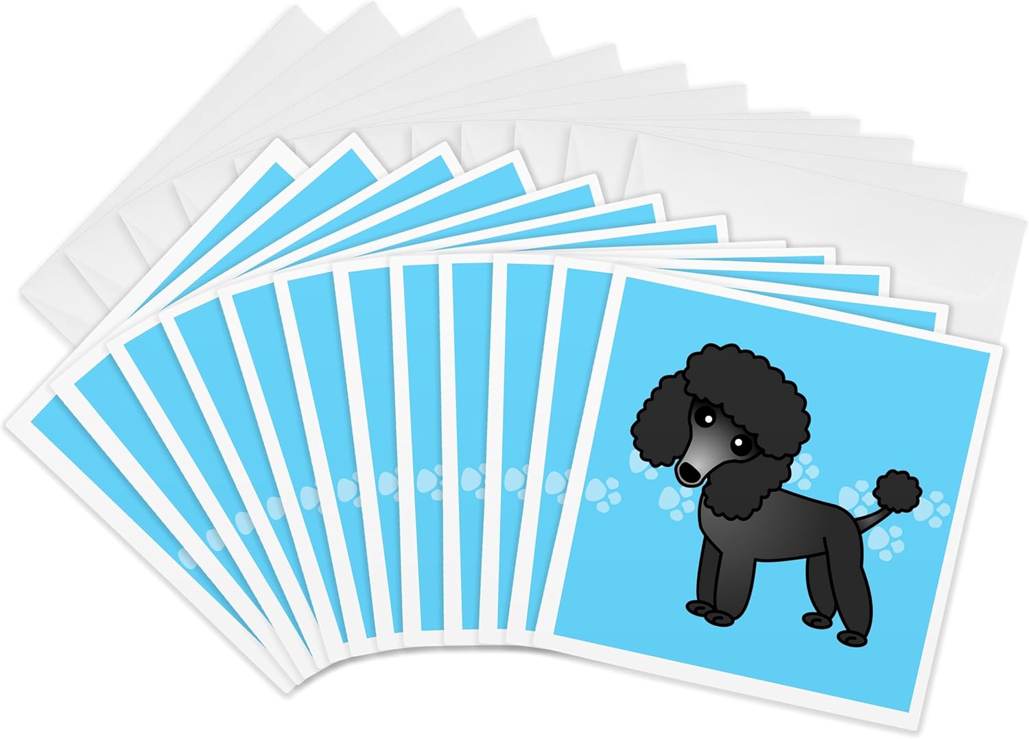 3dRose Set of 12 Greeting Cards, Cute Black Poodle Blue Paw Print Background (gc_13763_2)