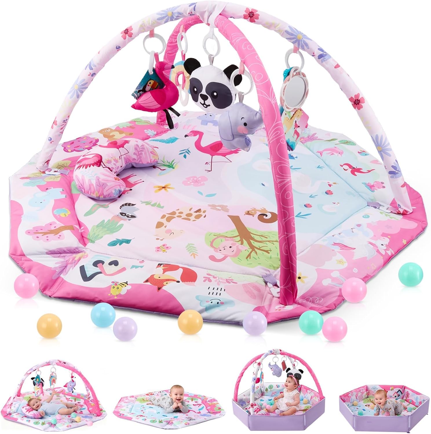Baby Gym Play Mat, 9-in-1 Baby Play Mats w 9 Detachable Toys for Stage-Based Sensory & Motor Skill Development, Washable Tummy Time Mat & Crawling Blanket for Baby to Toddler