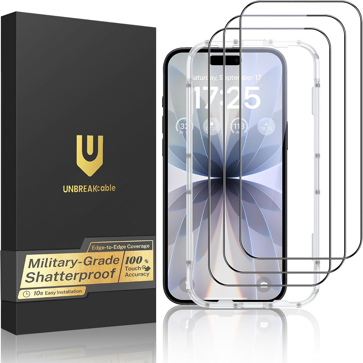 UNBREAKcable for iPhone 17 Screen Protector, 3-Pack Full Coverage Tempered Glass Screen [Military Grade Shatterproof] [9H Hardness] [Bubble Free] [Easy Installation] [99.99% HD Clear] for iPhone 17