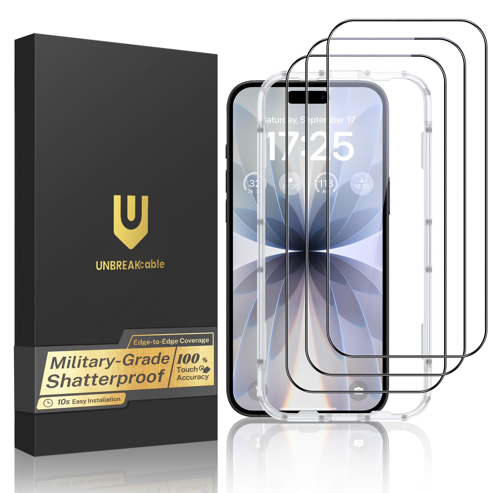 UNBREAKcable for iPhone 17 Screen Protector, 3-Pack Full Coverage Tempered Glass Screen [Military Grade Shatterproof] [9H Hardness] [Bubble Free] [Easy Installation] [99.99% HD Clear] for iPhone 17