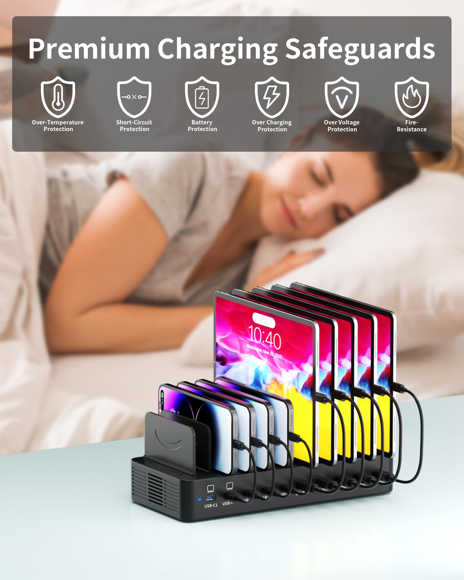 Estación de carga de 580 W para múltiples dispositivos, estación de carga rápida USB C de 10 puertos, base de carga dual PD de 100 W con separadores ajustables y 6 cables, organizador de dispositivos