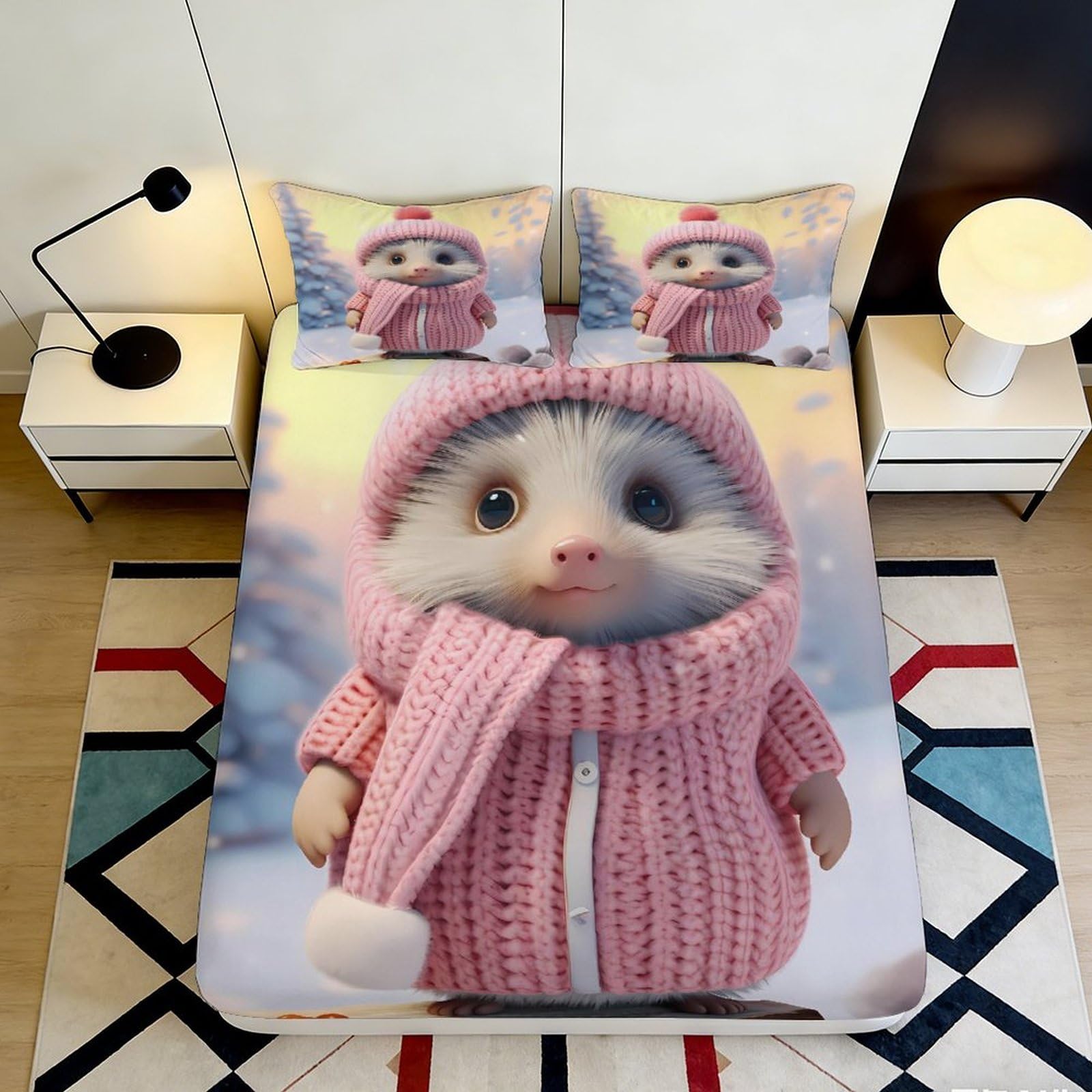 3D Printed Cute Hedgehog Fitted Sheet Microfiber Pink Cartoon Animal Bed Cover for Bedroom Dorm Mattress Decor 90x200x25cm