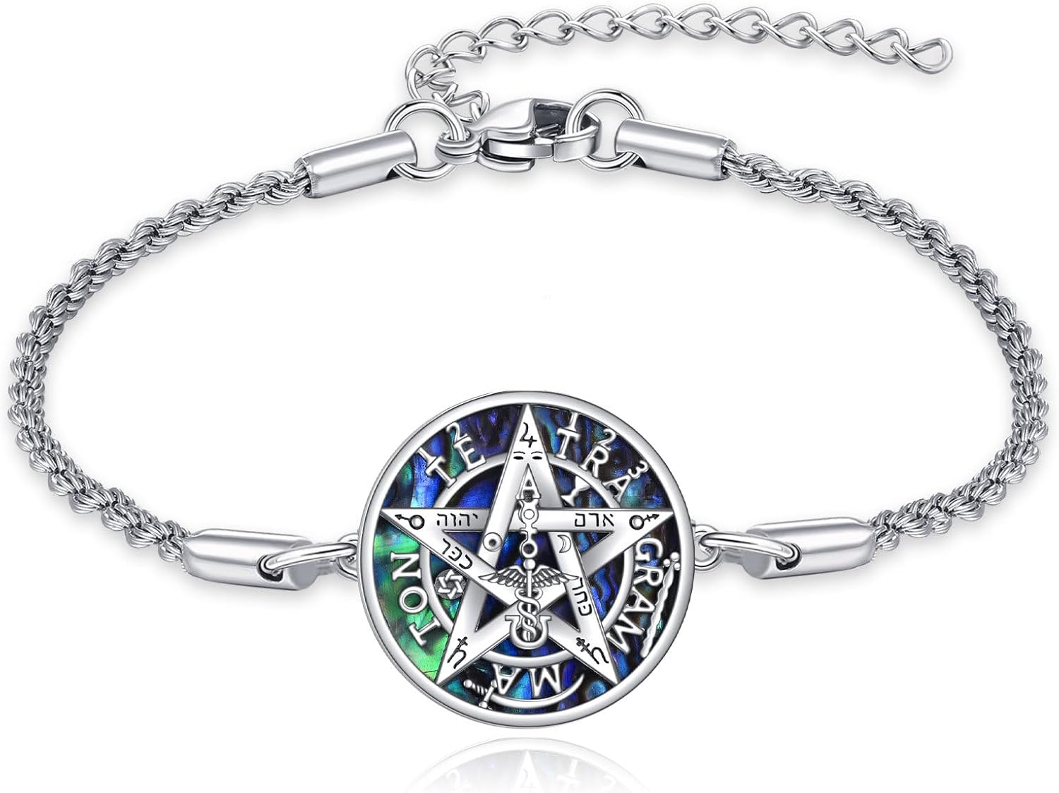 Tetragrammaton Bracelet Sterling Silver Pentagram Tetragrammaton Bar Bracelet Abalone Shell Pentacle Jewelry for Women