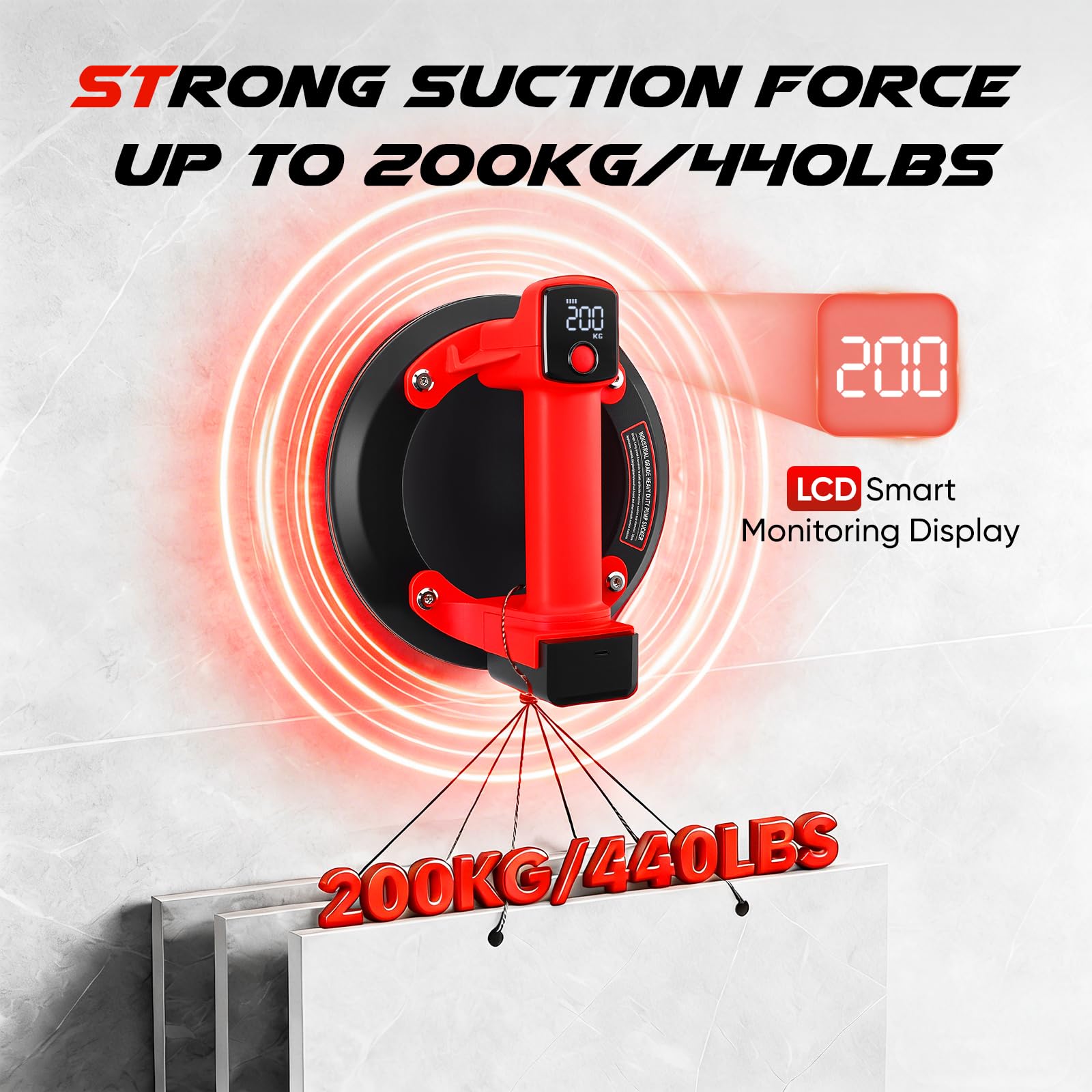 Elevador de succión con batería, juego de 2 unidades, 20 cm, elevador eléctrico para azulejos, aspirador de cristal con 4 baterías de 2400 mAh, pantalla LCD, capacidad de carga máxima de 200 kg