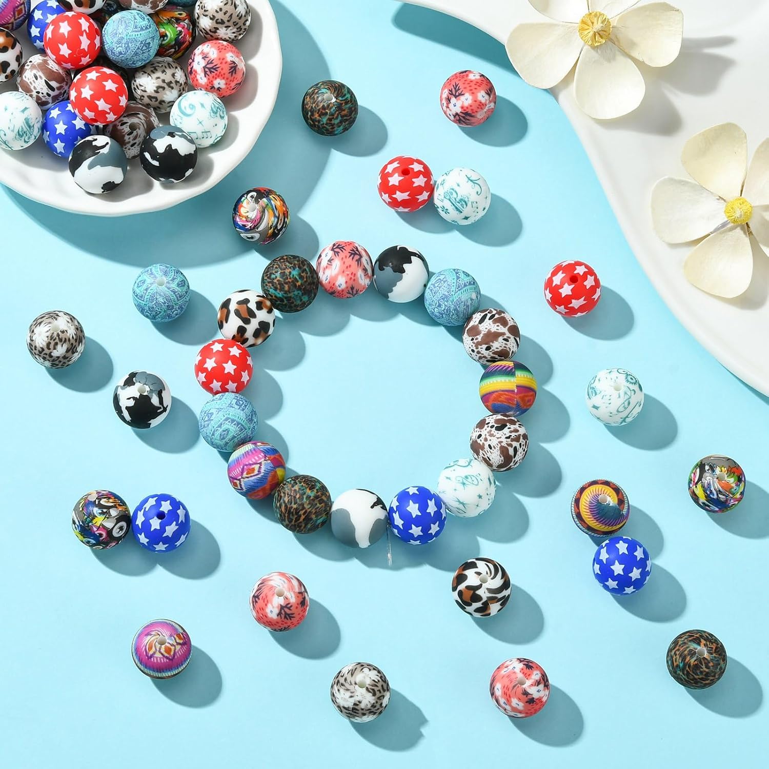 Ipotkitt 60 Pcs 12 Colors 15 mm Printed Silicone Beads Round Focal Beads Bubblegum Ball Beads for DIY Keychain Necklace Bracelet Earring Bag Jewelry Making