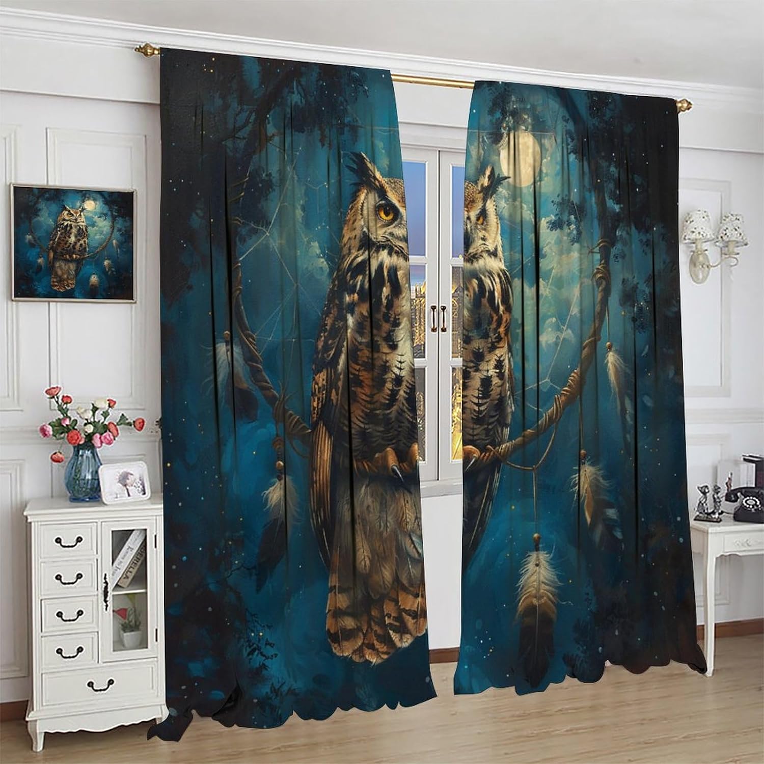 Retro Rustic Owl Blackout Curtains for Bedroom Living Room, Rod Pocket Dream Catcher Bird Fantasy Curtains Thermal Insulated Window Drapes, Set of 2 Panels, 42W x 45L