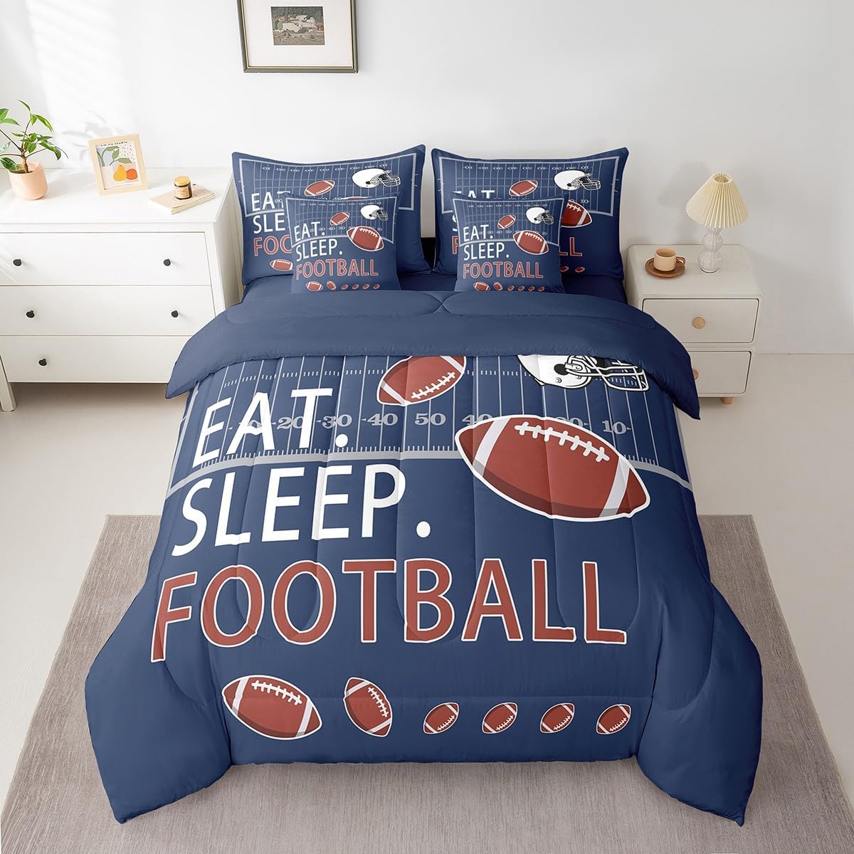 Feelyou Football 7 Piece Bedding Set Full Size Kids Boys Rugby Comforter Set with Sheets for Teens Toddler Navy Blue Bed in a Bag Ball Games Bed Set - Image 2