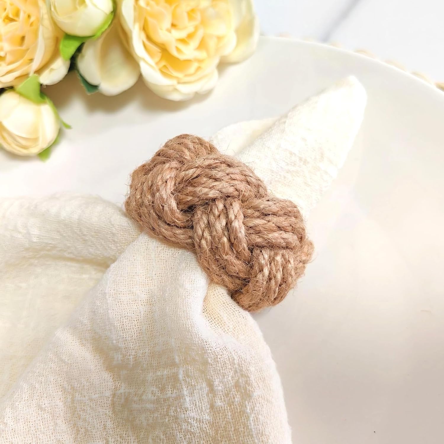 Woven Napkin Rings Set of 12, Natural Cotton Yute Napkin Holder Brown