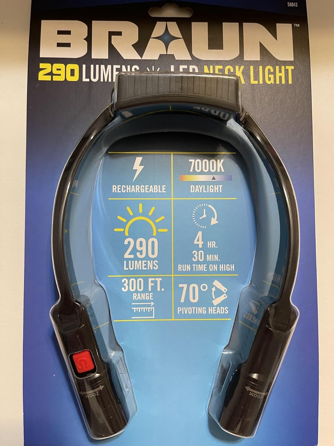 290 Lumens Braun Neck Light, Rechargeable LED, 7000K Daylight, 300ft Range, 70° Pivoting Heads