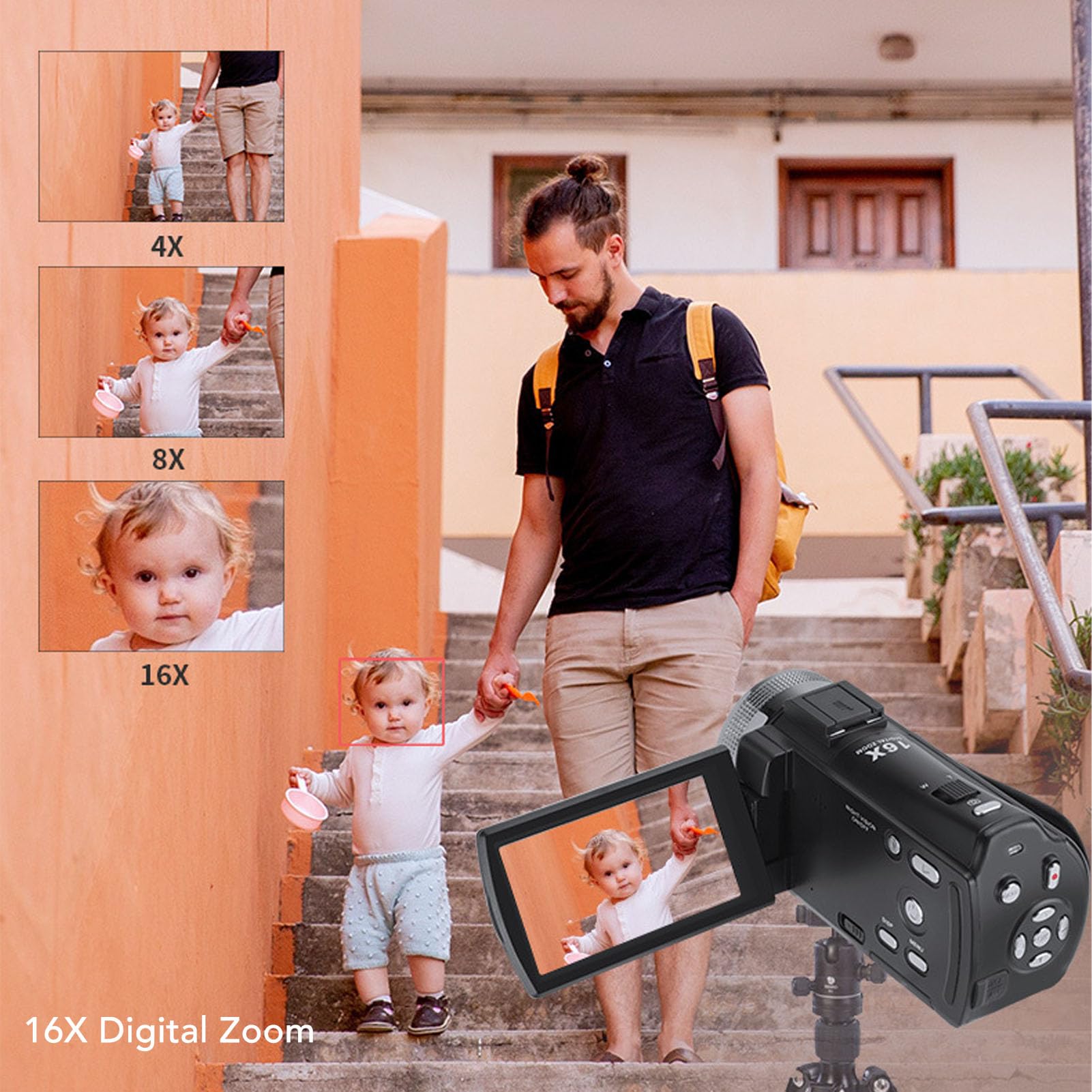 SIXRUN Videocamera Digitale Videocamera Full HD 1080P 30MP Zoom Digitale 16X Visione Notturna Modalità Bellezza per Vlogger di Viaggio