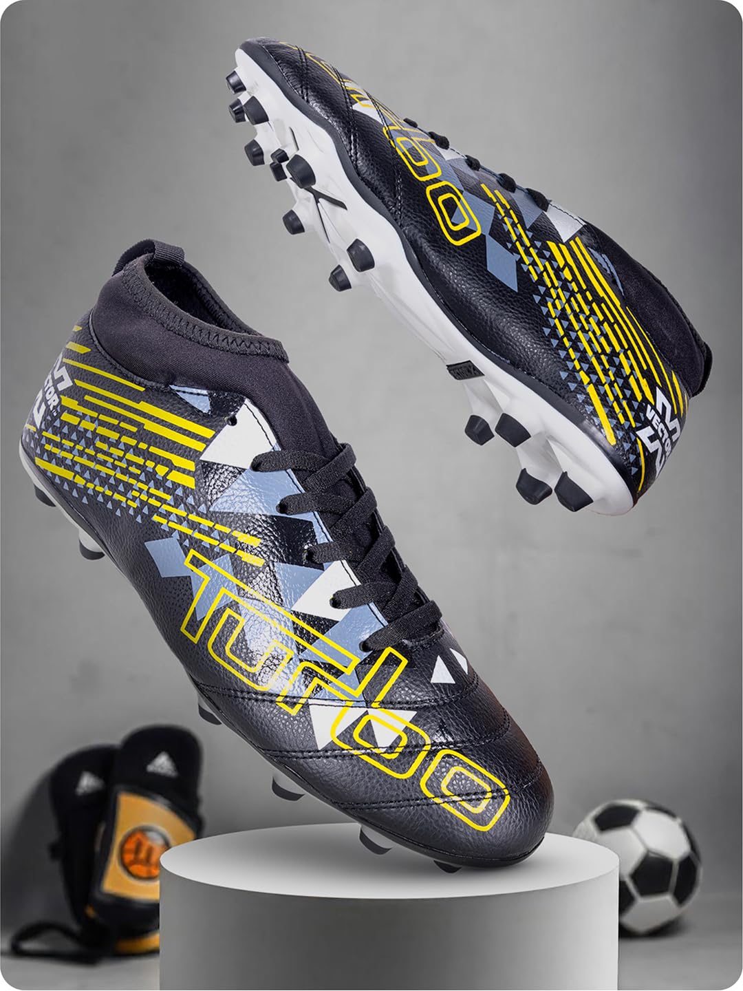 Vector X Turbo Football Shoe/Studs,Synthtic Leather Upper| Double Colored TPU Sole| Padded Footbed (Black-White-Yellow) Size-8-picture-19