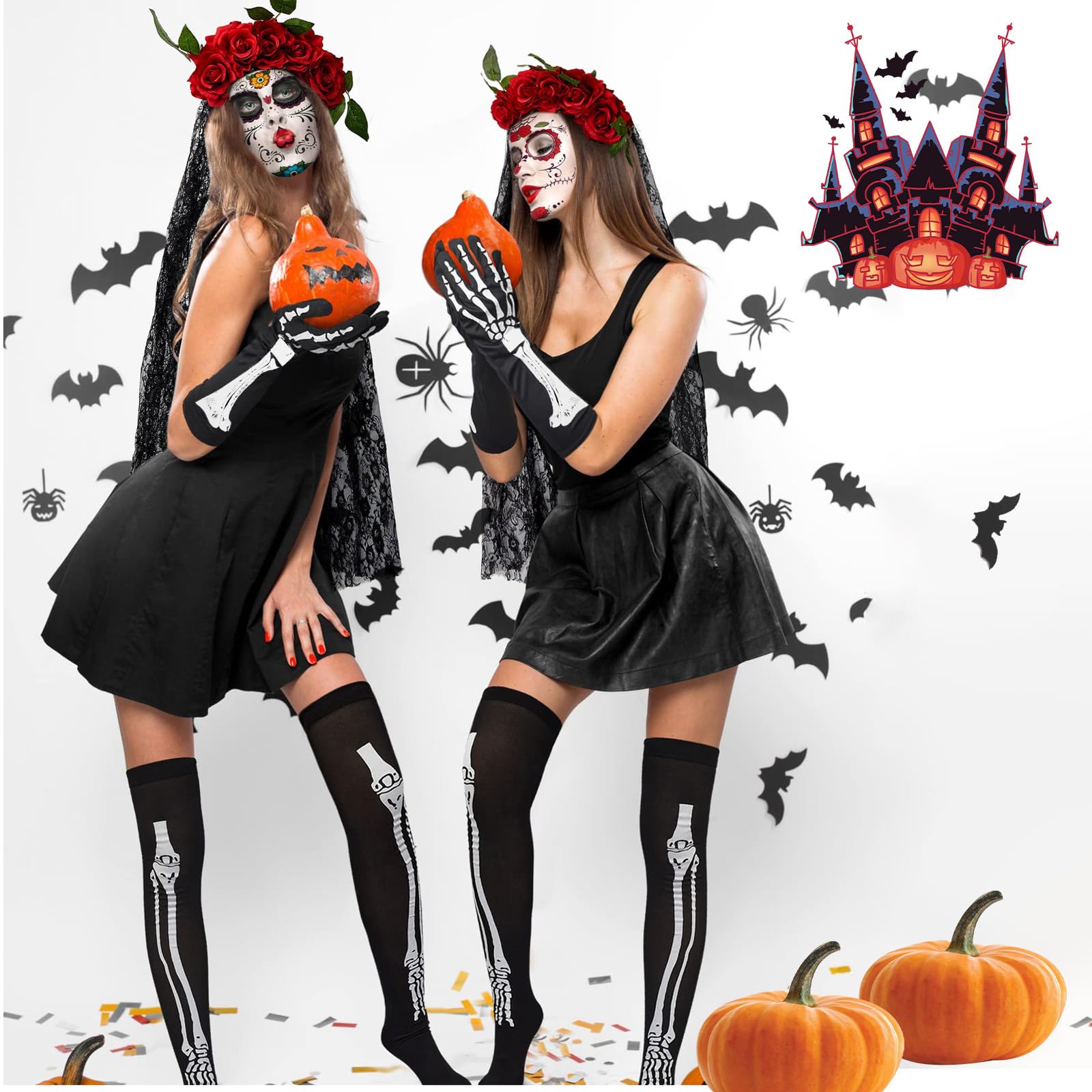 Set Calze E Guanti A Scheletro 3D Per Halloween - Calze 70 Cm, Guanti 40 Cm, Elastici, Per Costume Spaventoso