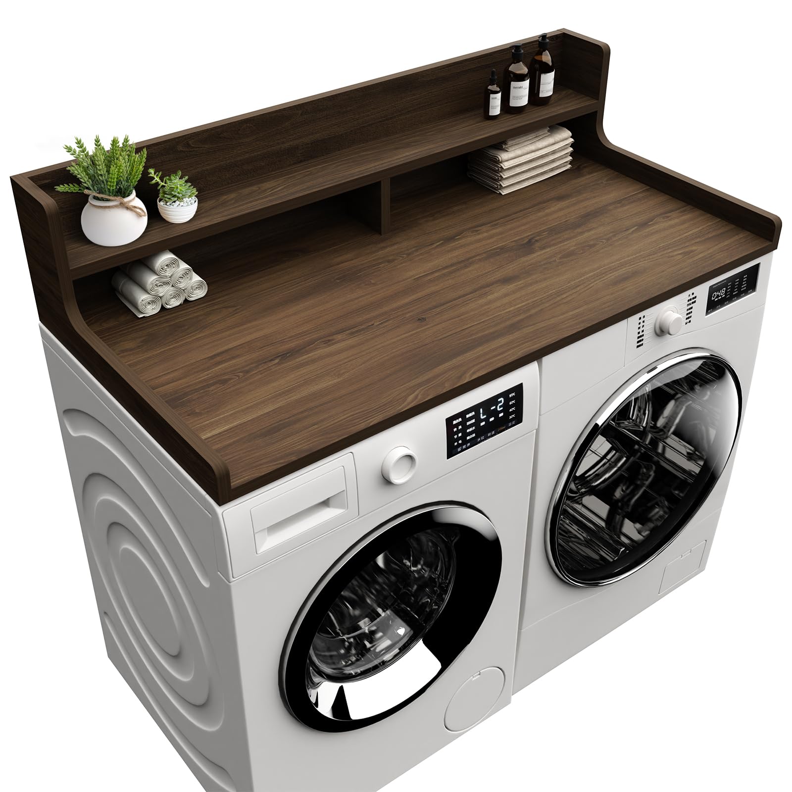 Washer Dryer Countertop, 54" x 27.55" 2-Tier Washer Dryer Topper with Edge, for Laundry Room Organization Walnut Brown