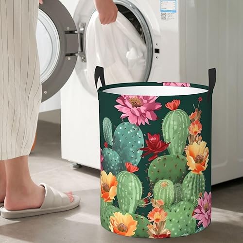 Miniatura 7 de Cesta circular con estampado floral de cactus, impermeable, cesta organizadora de lavandería, con asas, para ropa, juguetes, tamaño mediano