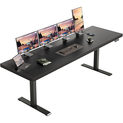 OffiGo Electric Standing Desk with 3-Piece Board, 79 Inch Height Adjustable Large Desk with Power Outlets, Sit Stand Table, Writing Computer Desk for Home, Office, Workstation, Black