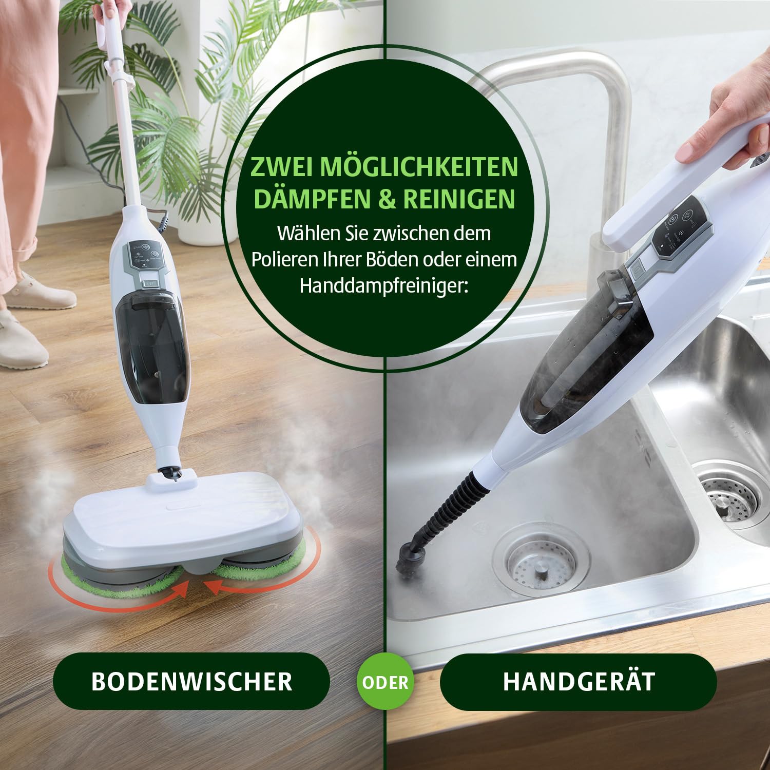 3 PAGEN® Rotierender Dampfreiniger Mop 2-in-1 inkl. 10-tlg. Zubehör – 1300W Steam Twister Mopp Bodenwaschmaschine + Handdampfreiniger in einem – Reiniger für Böden, Bad, Fugen, Flächen, Polster & mehr