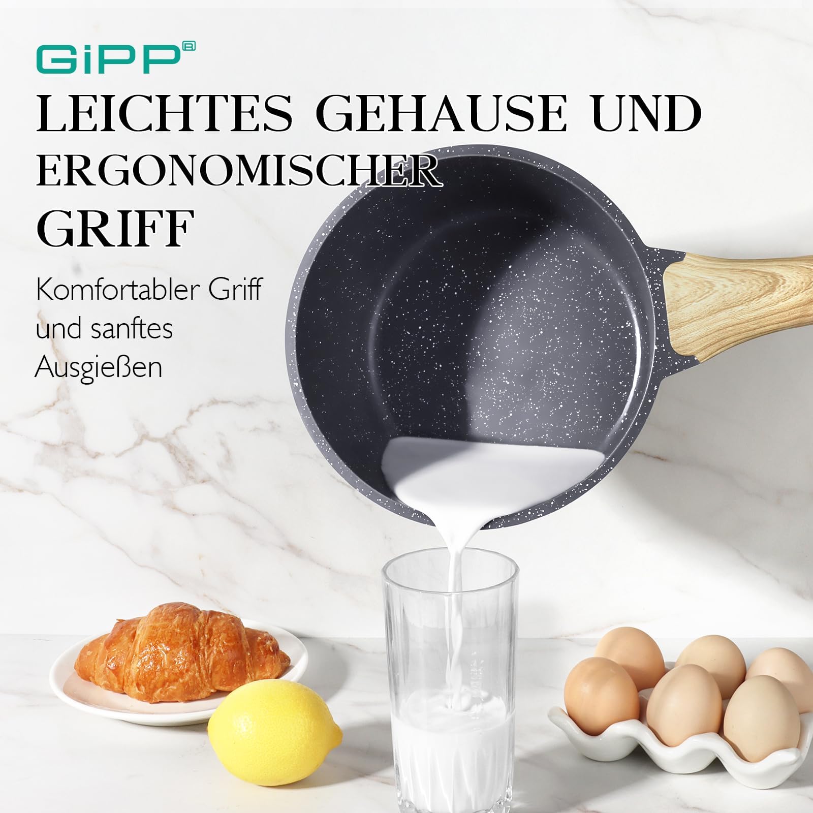 GiPP Casseruola da 20 cm, piccola casseruola a induzione, con coperchio, rivestimento antiaderente in granito, manico in legno, pentola da 3.6L, per induzione, senza PFOA (grigio, 20cm)