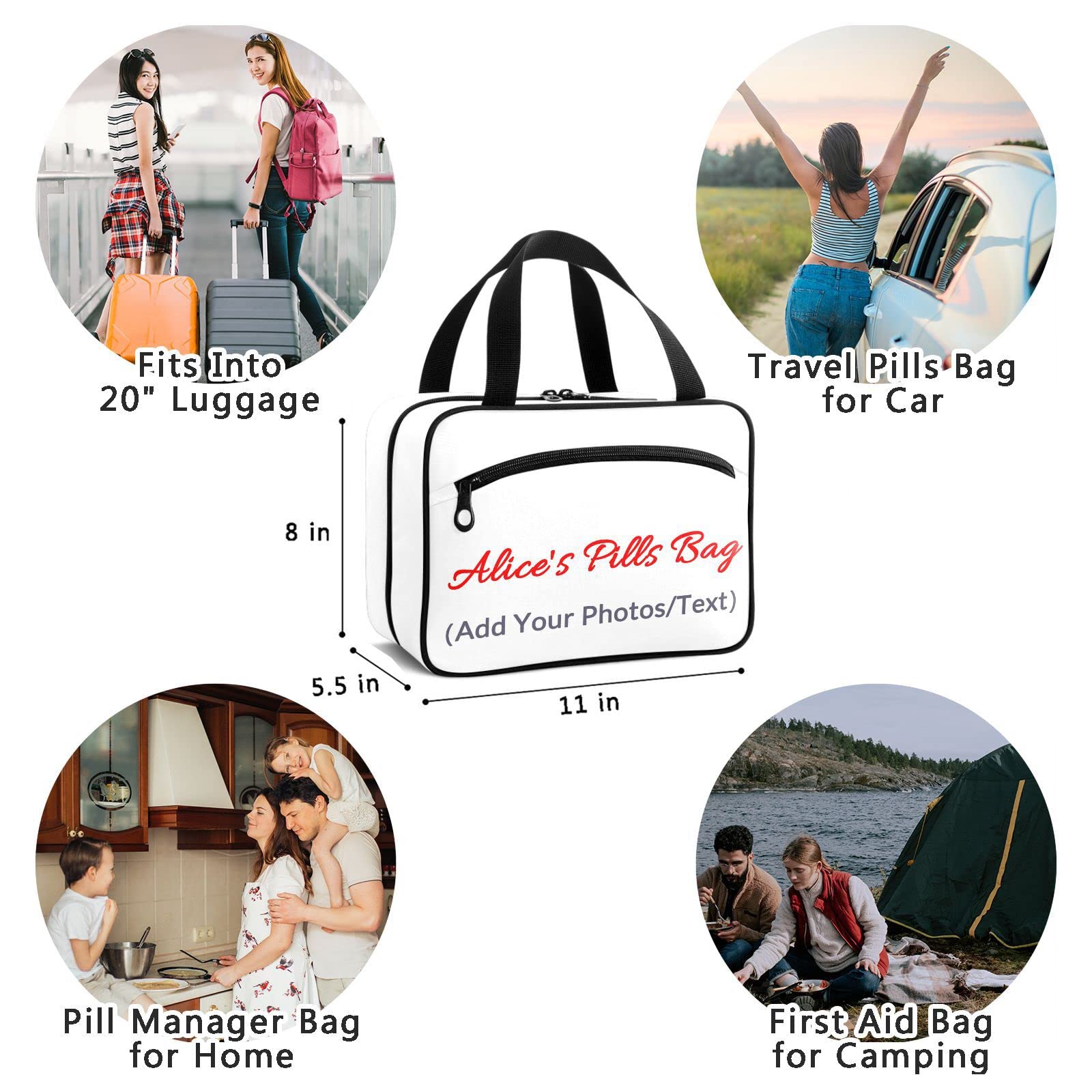 Naanle Custom Pill Organizer Bag with Name Photo Travel Pill Bottle Medicine Organizer Home Storage Medication Bag for Vitamin Supplements, Personalized First Aid Bag for Car Camping