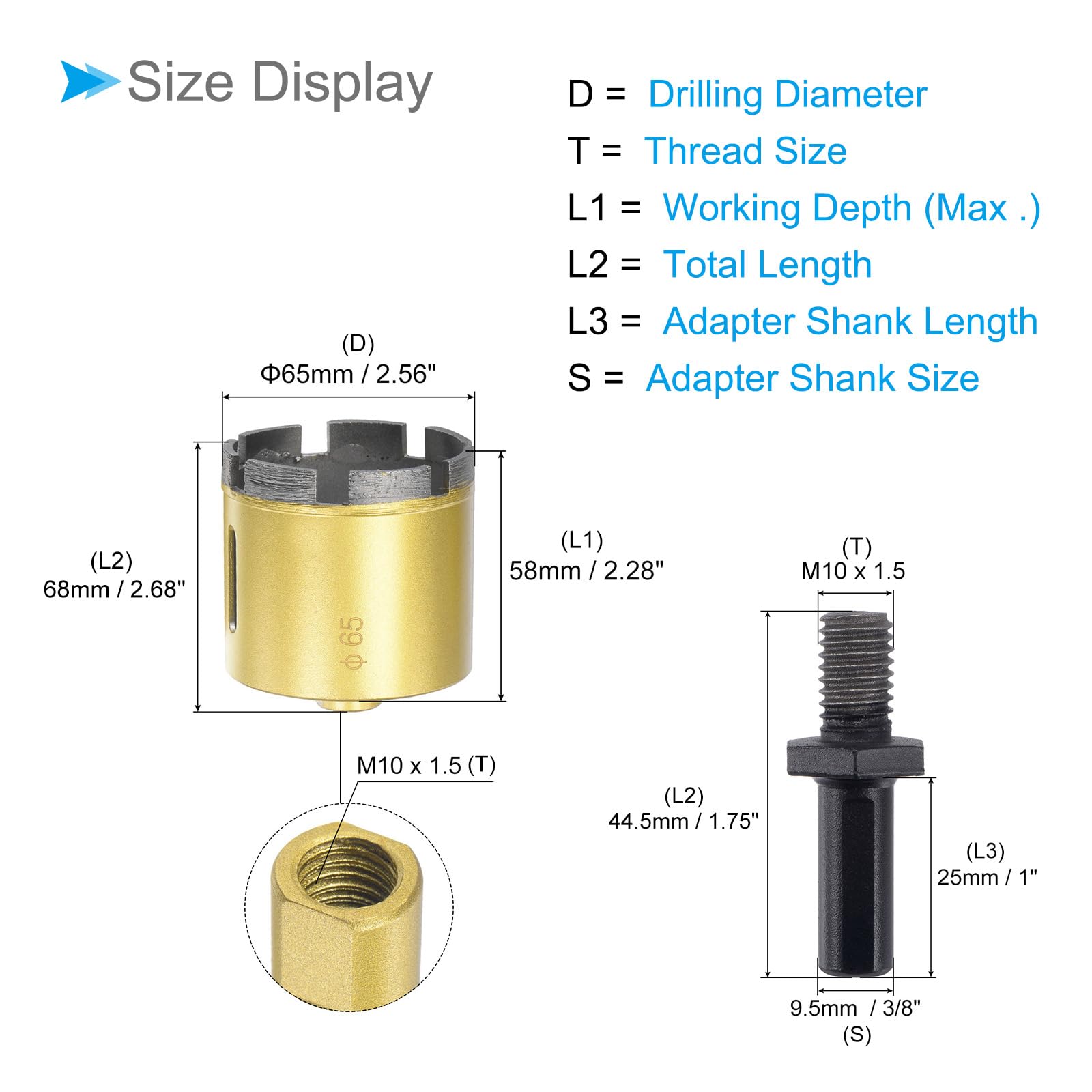 CoCud Diamond Drill Bits Set, 65mm Cutting Diameter, Brazed Diamond Core Drill Bits with M10 Arbor Adapter - Image 2