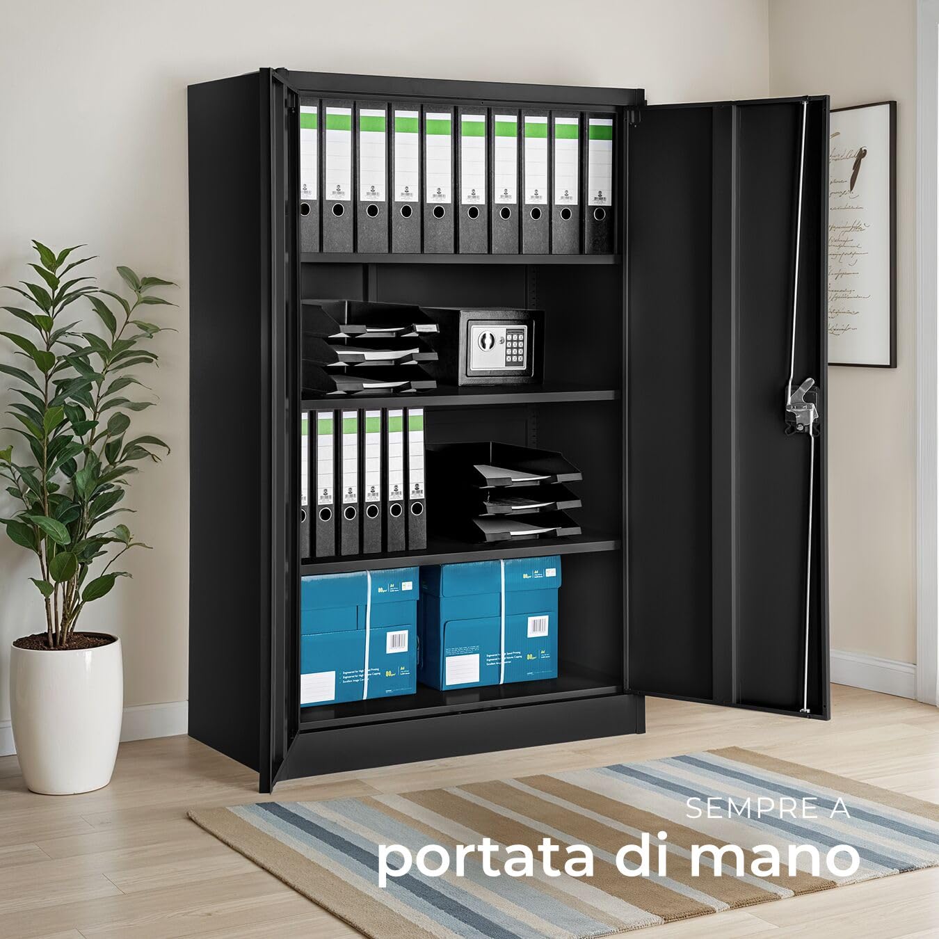 tectake® Armadio Portadocumenti, Armadio Multiuso 4 Scomparti, Ante a Battenti Rinforzate, Chiusura con Serratura a Cilindro, Acciaio di Alta Qualità Verniciato a Polvere, 140x90x40 cm - Nero