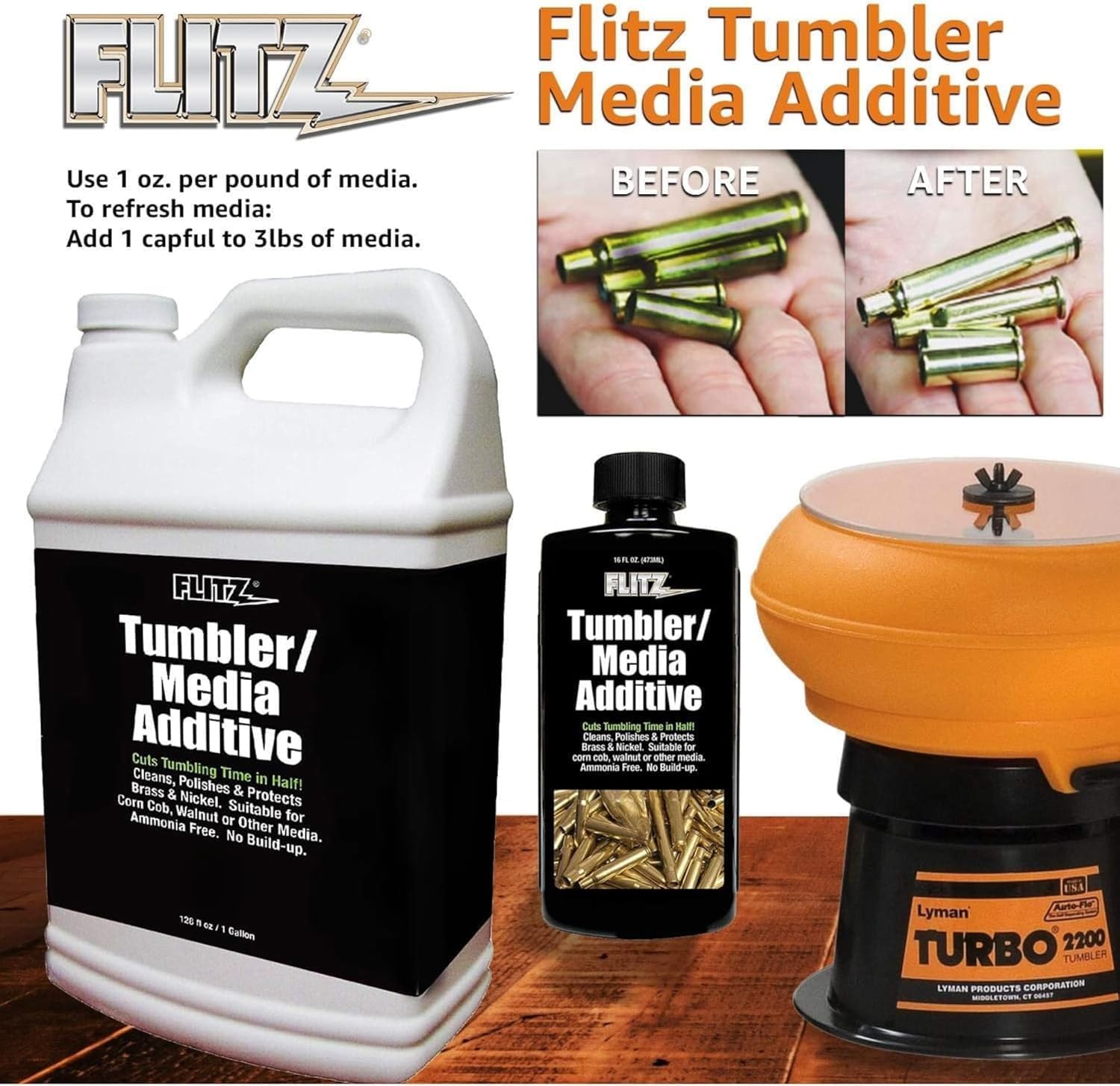 FLITZ Tumbler Media Additive - 1 Gallon Bottle of USA-Made Brass Cleaner Reloading Liquid for Ammo, Copper, & All Metals - Ammonia-Free Tumbling Polish to Remove Oxidation, Powder Residue (1 Pack)