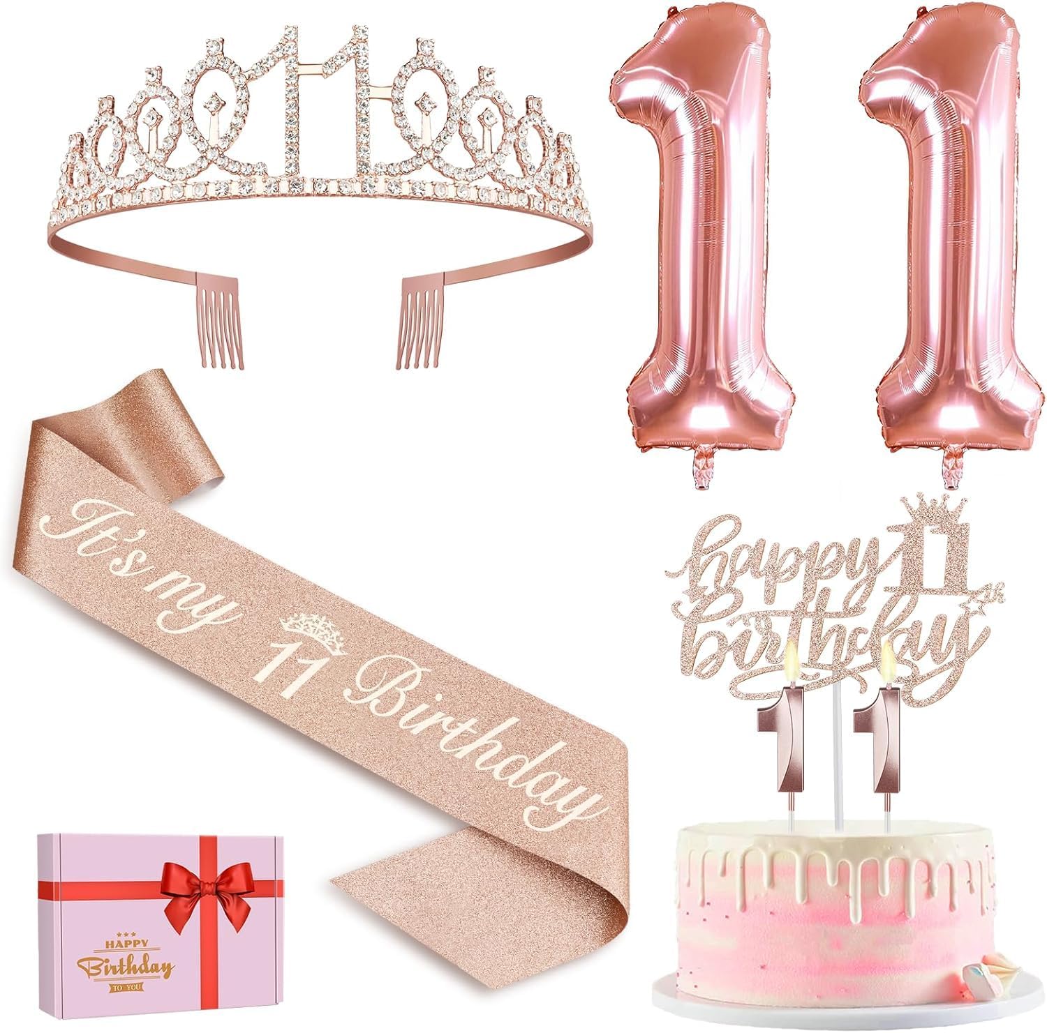 11th Birthday Decorations for Girls, Including 11th Birthday Sash and Tiara, 11 Candles and Cake Toppers, Rose Gold 11 Balloons and 3D Birthday Card, 11th Birthday Gifts for Girls 11 Year Old Birthday Party